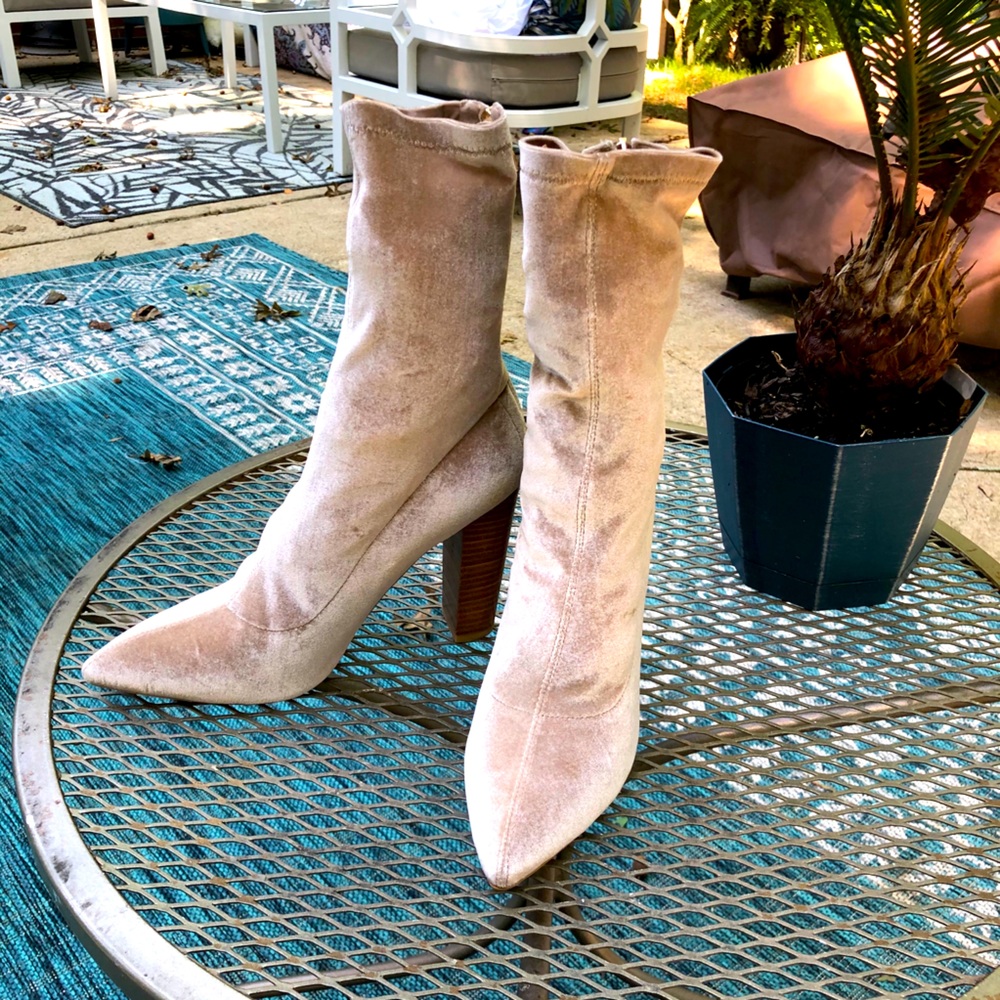 Stretch velvet champagne color high heel sock boot